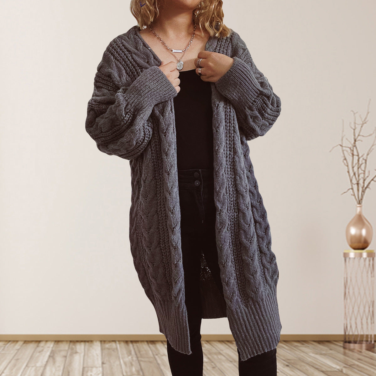 Damen Grobstrickjacke mit voluminösen Ärmeln und strukturiertem Design R&B