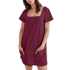 Damen Lockeres Sommerkleid mit Quadrat-Ausschnitt und praktischen Taschen R&B