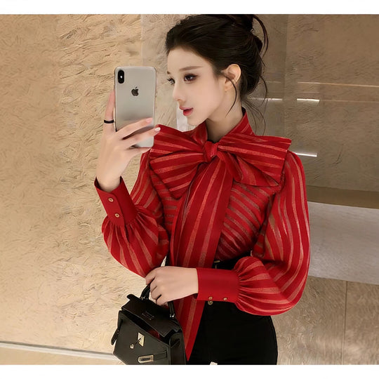 Damen Elegante Bluse mit voluminösem Schleifenkragen und trendigem Streifenmuster R&B