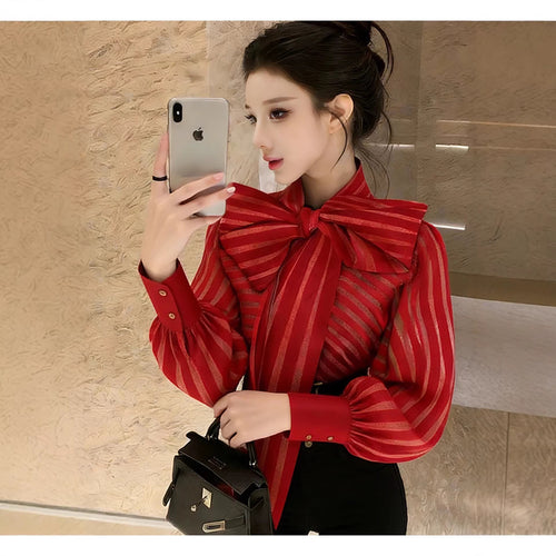 Damen Elegante Bluse mit voluminösem Schleifenkragen und trendigem Streifenmuster R&B