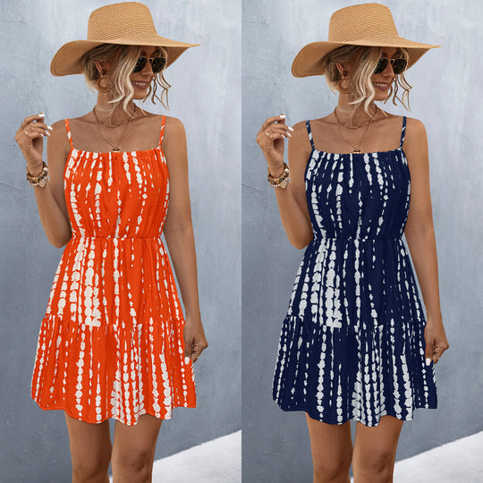 Damen Leichtes Spaghettiträgerkleid mit voluminösem Rock und modischem Batikdesign R&B