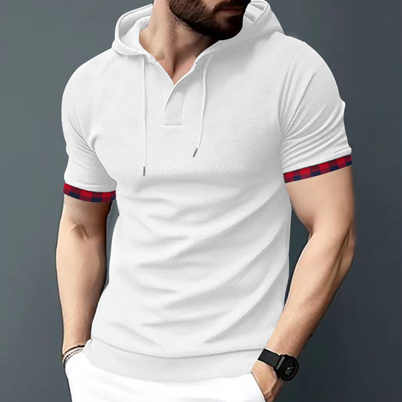 Herren nan figurbetontes Kurzarm-Kapuzenpoloshirt mit Henley-Blende und Kordelzug R&B