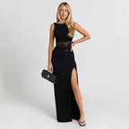 Damen Maxikleid mit raffiniertem Spitzeneinsatz und hohem Schlitz R&B