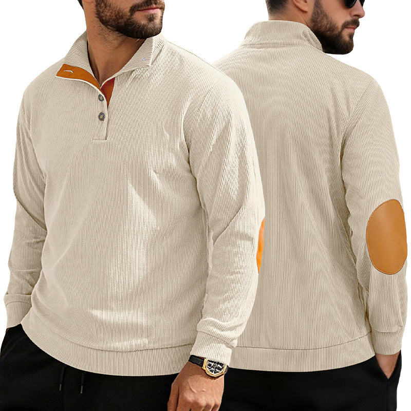 Herren nan fein gerippter Strickpullover mit Polokragen Knopfleiste und Ellenbogenbesatz R&B
