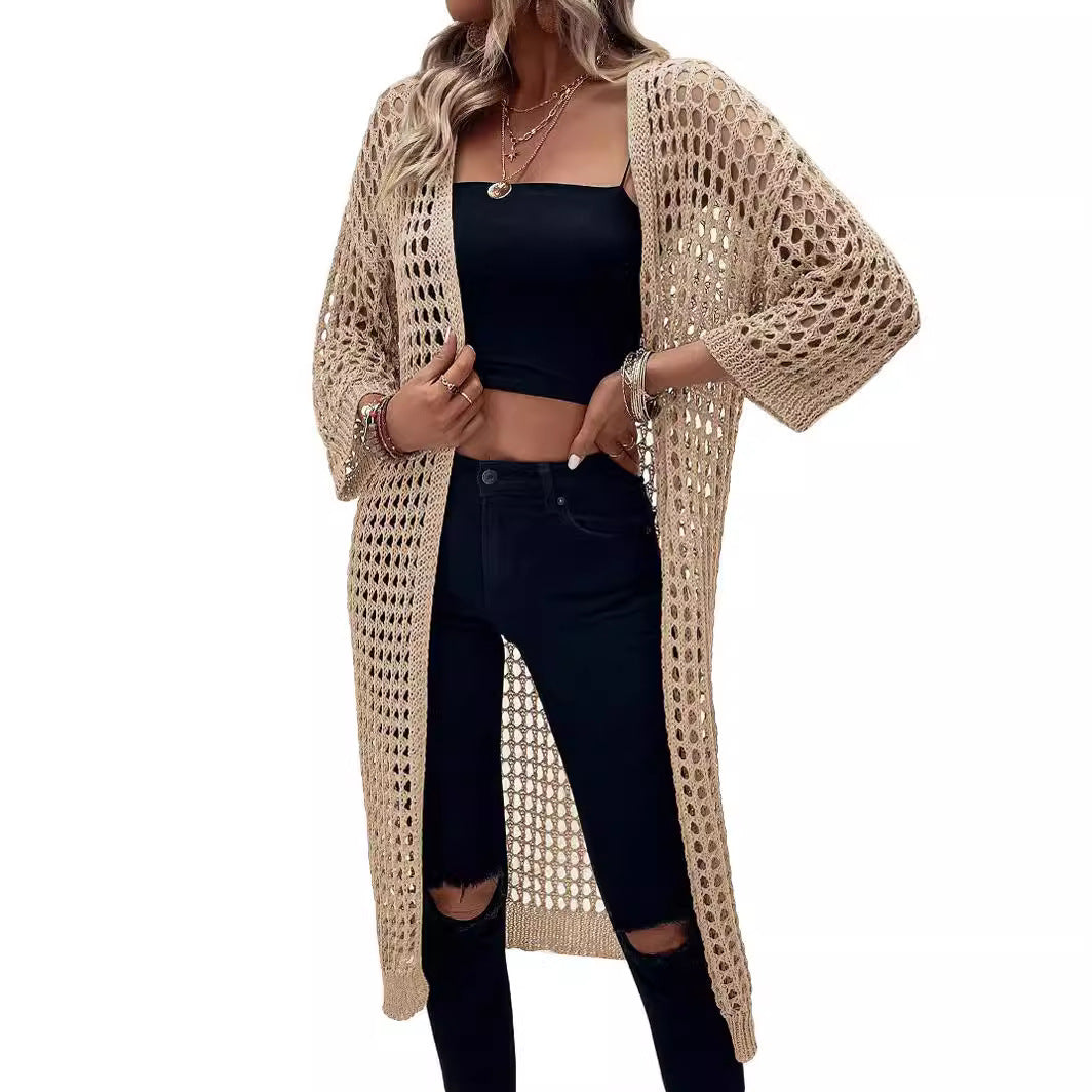 Damen Luftige Häkeljacke mit offenem Design und weiten Ärmeln R&B