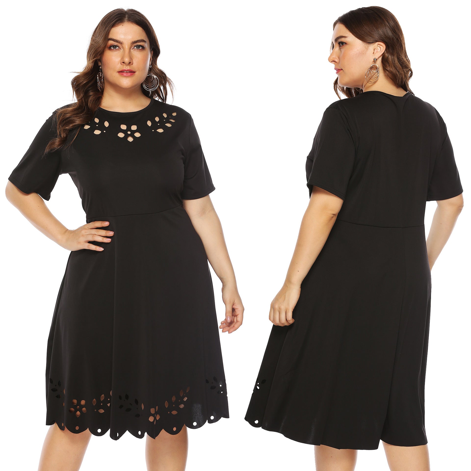 Damen elegantes Kleid mit Ausschnitt und Rüschensaum R&B