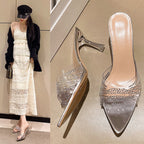 Damen Glamouröse High Heel Mules mit transparentem Riemen und funkelnden Akzenten R&B