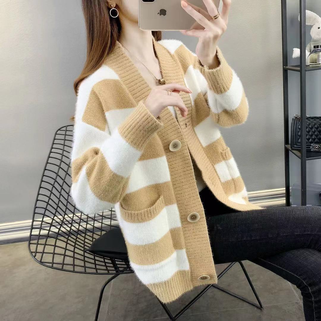 Damen Grobstrick-Cardigan mit Breton-Streifen und praktischen Taschen R&B