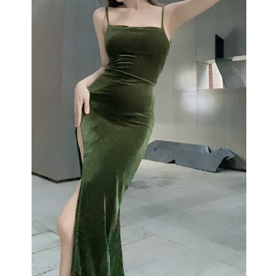 Damen Elegantes Stoff-Maxikleid mit seitlichem Schlitzausschnitt und schmalen Trägern R&B