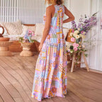 Damen Maxikleid mit buntem Patchwork-Muster und tiefem Ausschnitt R&B
