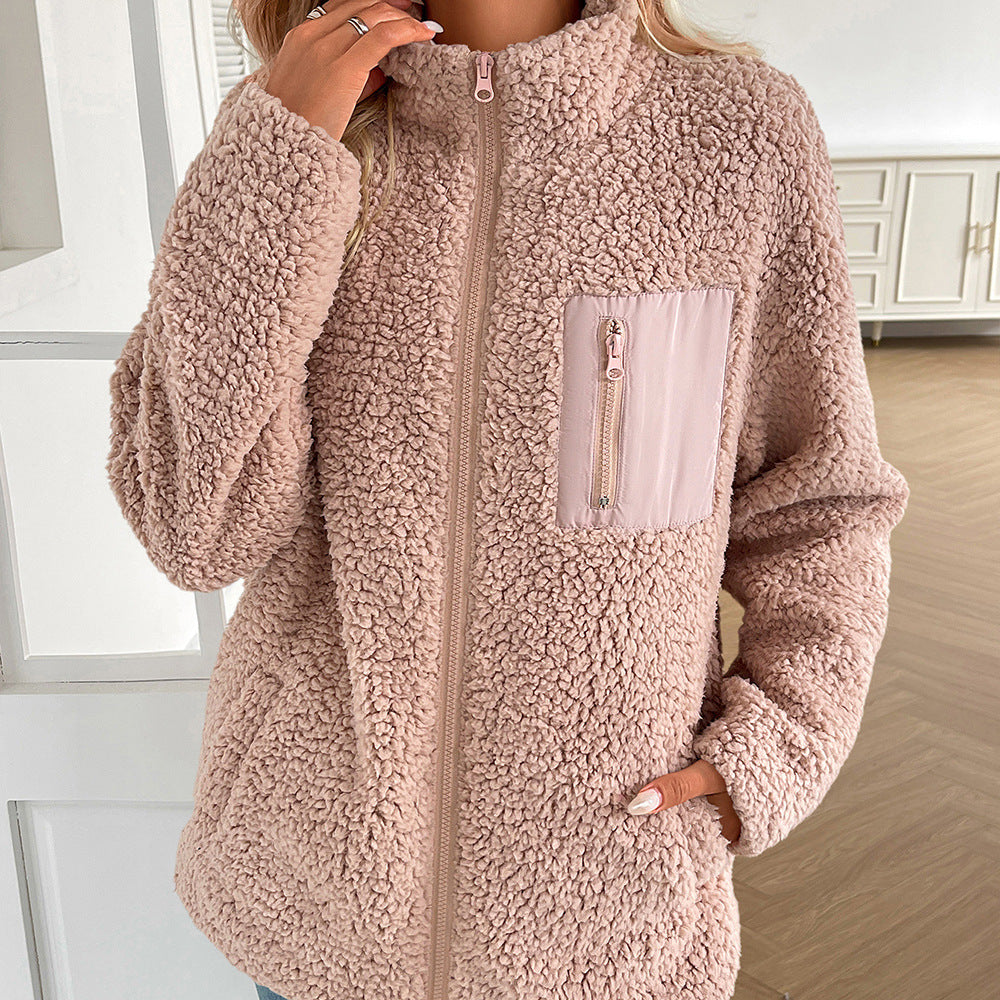 Damen kuschelige Fleecejacke mit hohen Kragen und praktischen Taschen R&B