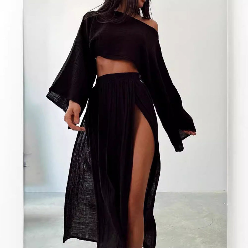 Damen Zweiteiliges Maxikleid mit Off-Shoulder-Design und Schlitz R&B