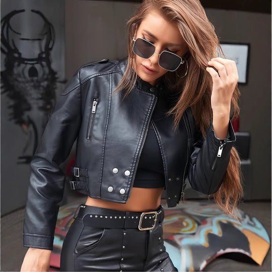 Damen Kunstleder Bikerjacke mit strukturierten Akzenten und modischem Schnitt R&B