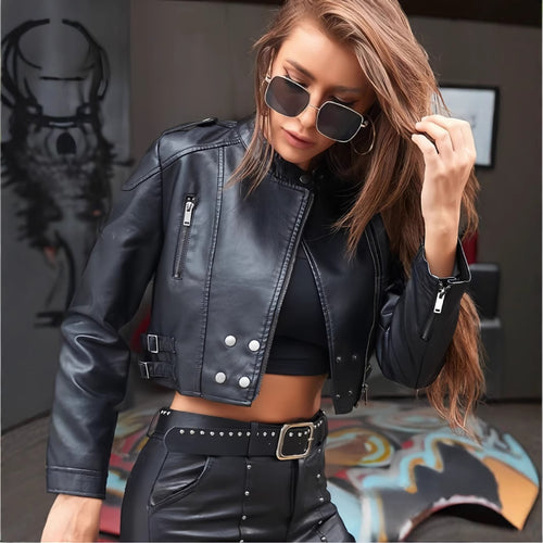Damen Kunstleder Bikerjacke mit strukturierten Akzenten und modischem Schnitt R&B