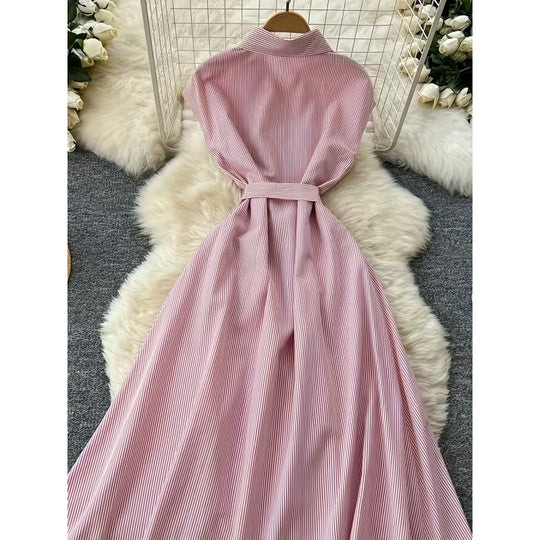 Damen Langarm Hemdblusenkleid mit Gürtel und gestreiftem Design R&B