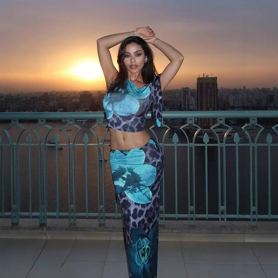 Damen elegantes Set mit asymmetrischem Oberteil und langem Rock R&B