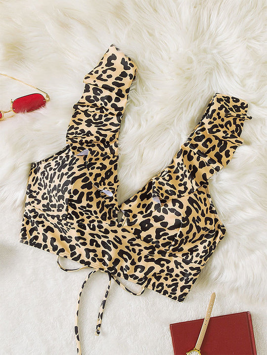 Damen Bikinioberteil mit modischem Leopardenmuster und Rüschendetails R&B