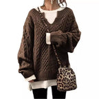 Damen Grobstrickpullover mit V-Ausschnitt und modischem Zopfdesign R&B