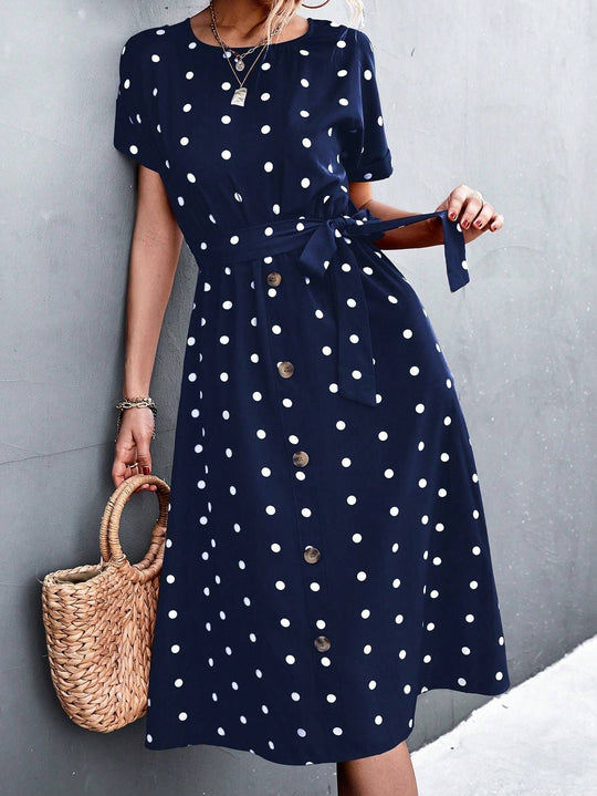 Damen Kleid mit Knopfleiste und modernen Punkte-Design R&B