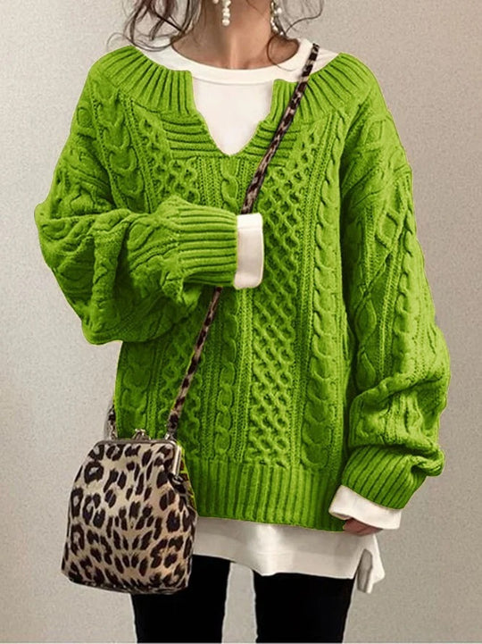 Damen Grobstrickpullover mit V-Ausschnitt und modischem Zopfdesign R&B