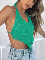 Damen Strick-Crop-Top mit asymmetrischem Saum und stilvollem Häkelmuster R&B
