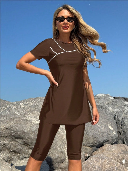 Damen Sportliches Badeset mit kurzem Oberteil und Leggings R&B