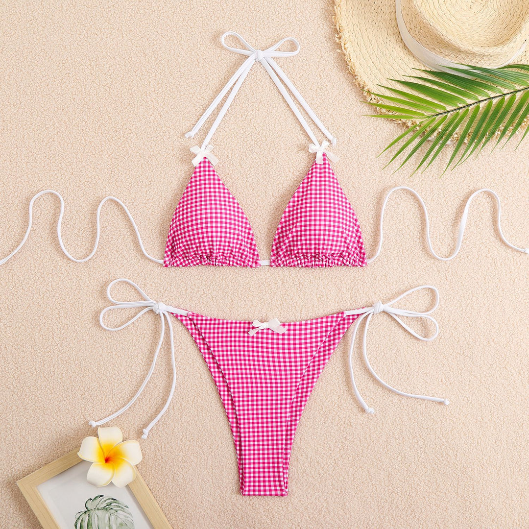 Damen Triangel-Bikini mit kariertem Muster und verspielten Schleifen R&B