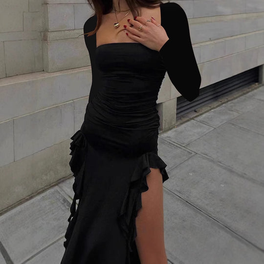 Damen elegantes und figurbetontes Abendkleid mit Rüschen und abgestimmtem Oberteil R&B