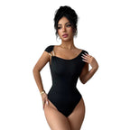 Damen nan körperformender hochgeschnittener Body mit asymmetrischem Träger und Ziermetallring R&B
