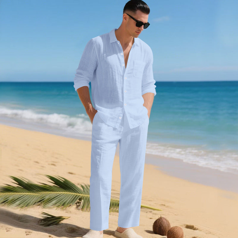 Herren leichtes Leinen-Outfit mit stilvollem Hemd und eleganter Hose R&B