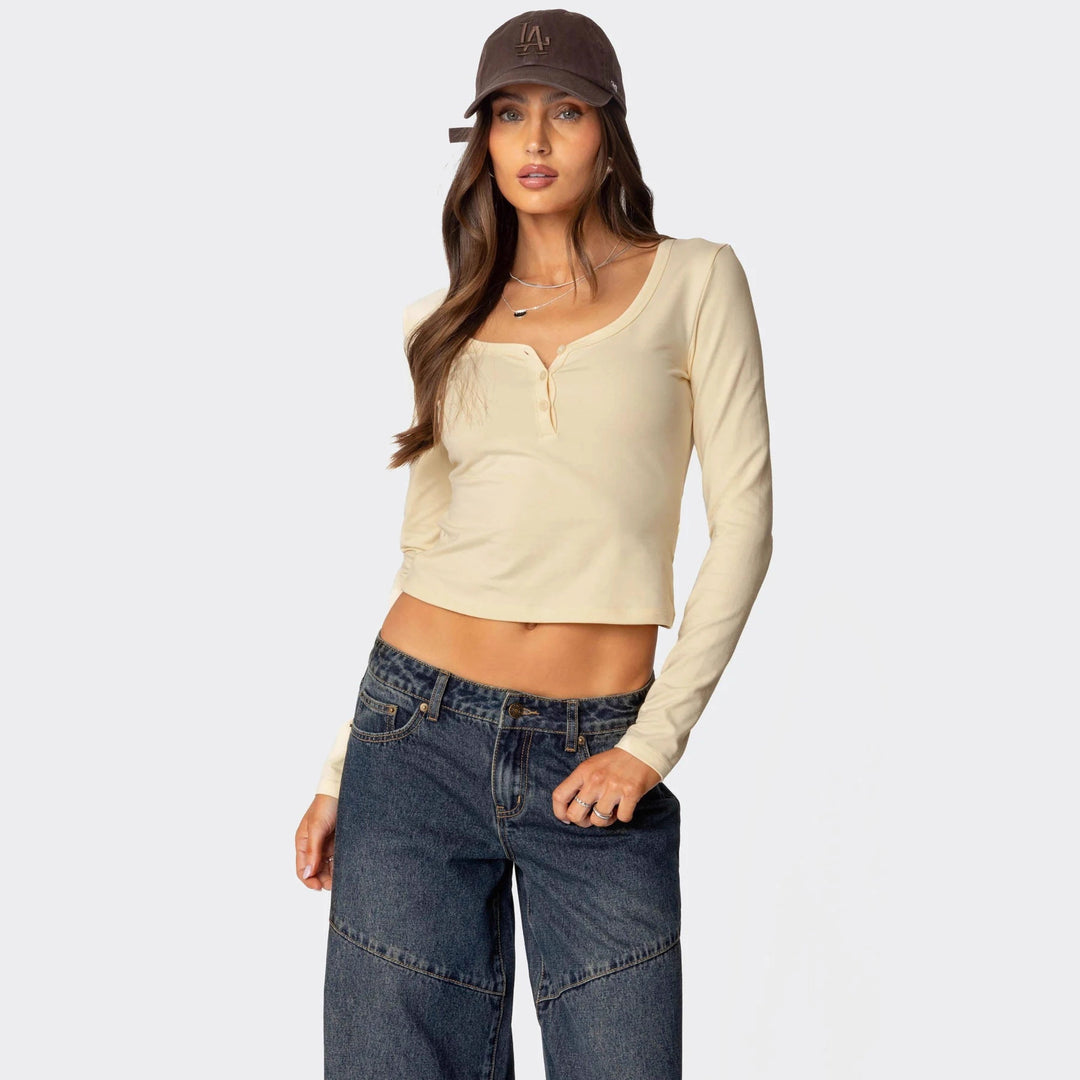 Damen Cropped Langarmhemd mit Knopfleiste und weichem Stoff R&B