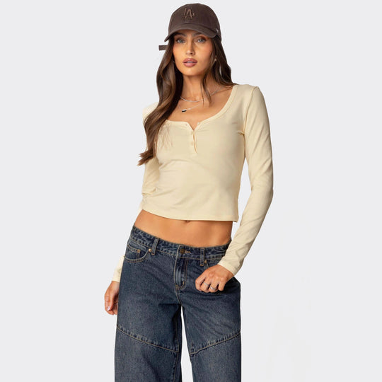 Damen Cropped Langarmhemd mit Knopfleiste und weichem Stoff R&B