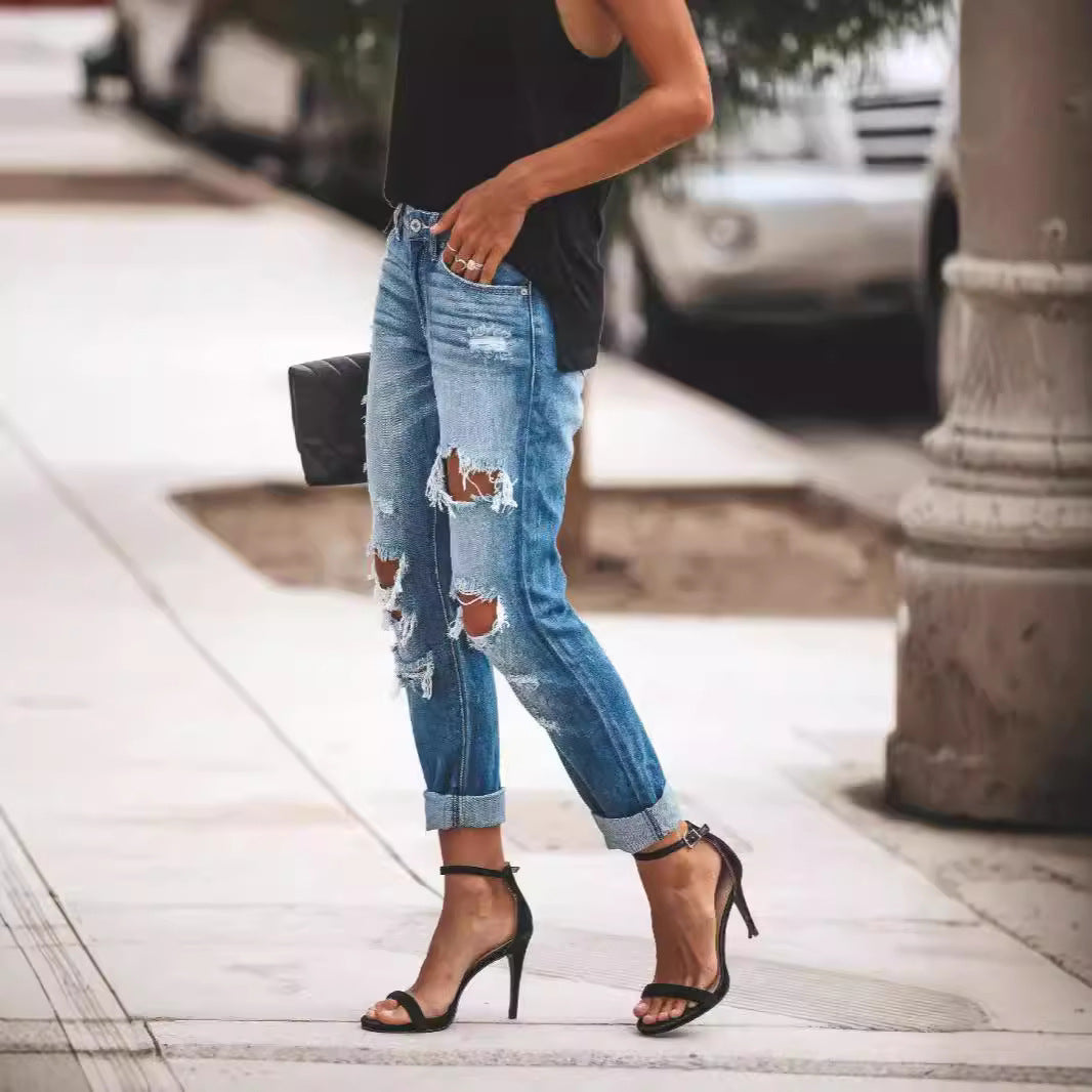 Damen Ripped Boyfriend Jeans mit lässigem Schnitt und fransigen Elementen R&B