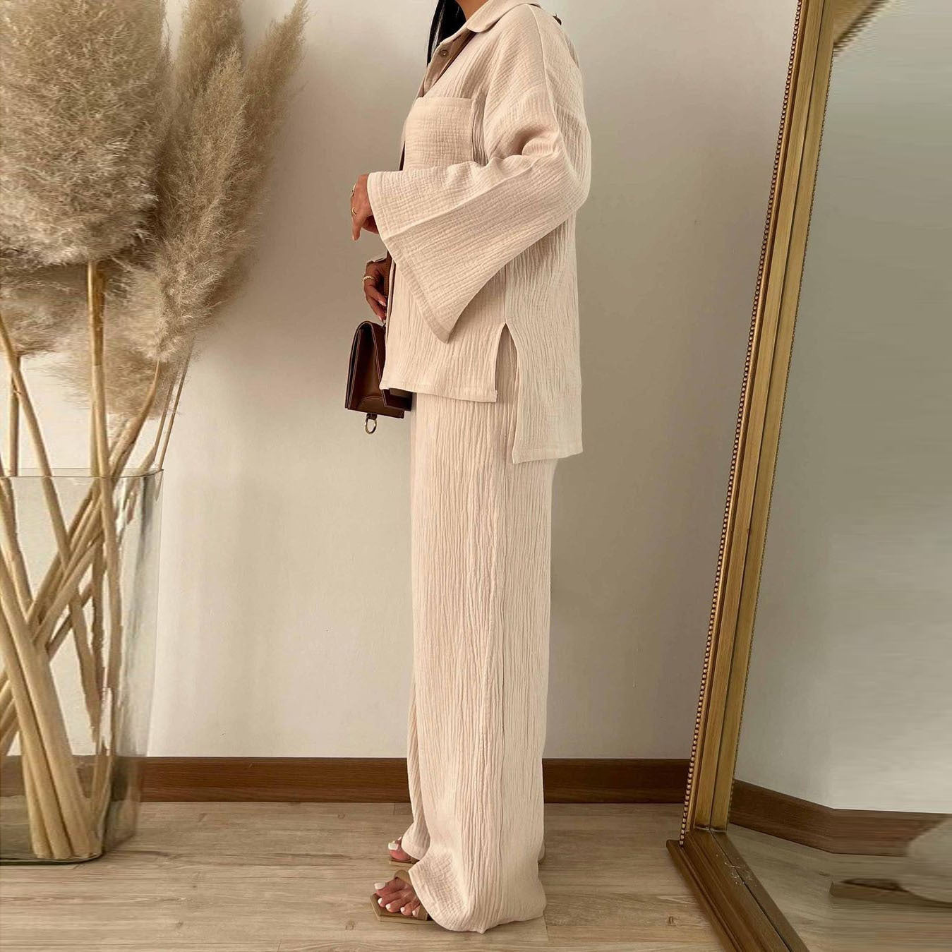 Damen bequeme und stilvolle Blusen-Hosen-Kombination mit eleganter Struktur R&B