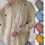 Damen Lockere Strickpullover mit hohem Kragen und dekorativen Knöpfen R&B