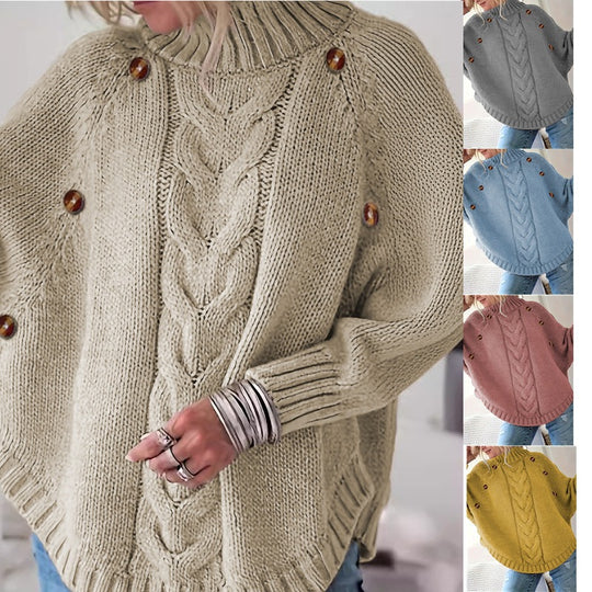 Damen Lockere Strickpullover mit hohem Kragen und dekorativen Knöpfen R&B