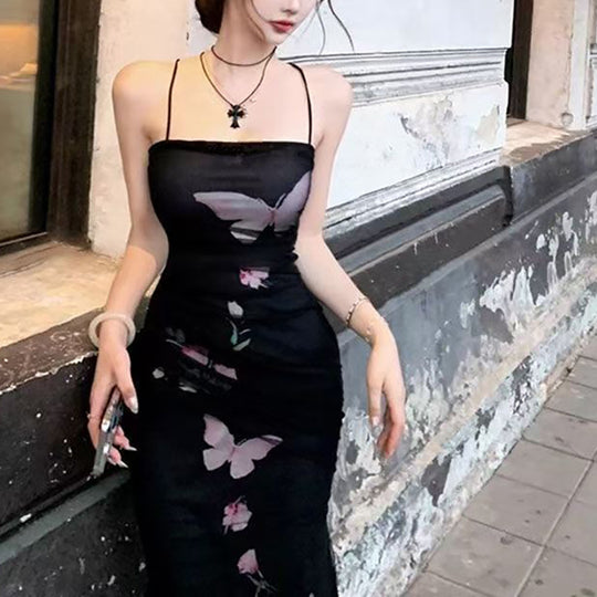 Damen elegantes Wickelkleid mit floralem Schmetterlingsdruck und verstellbaren Spaghetti-Trägern R&B
