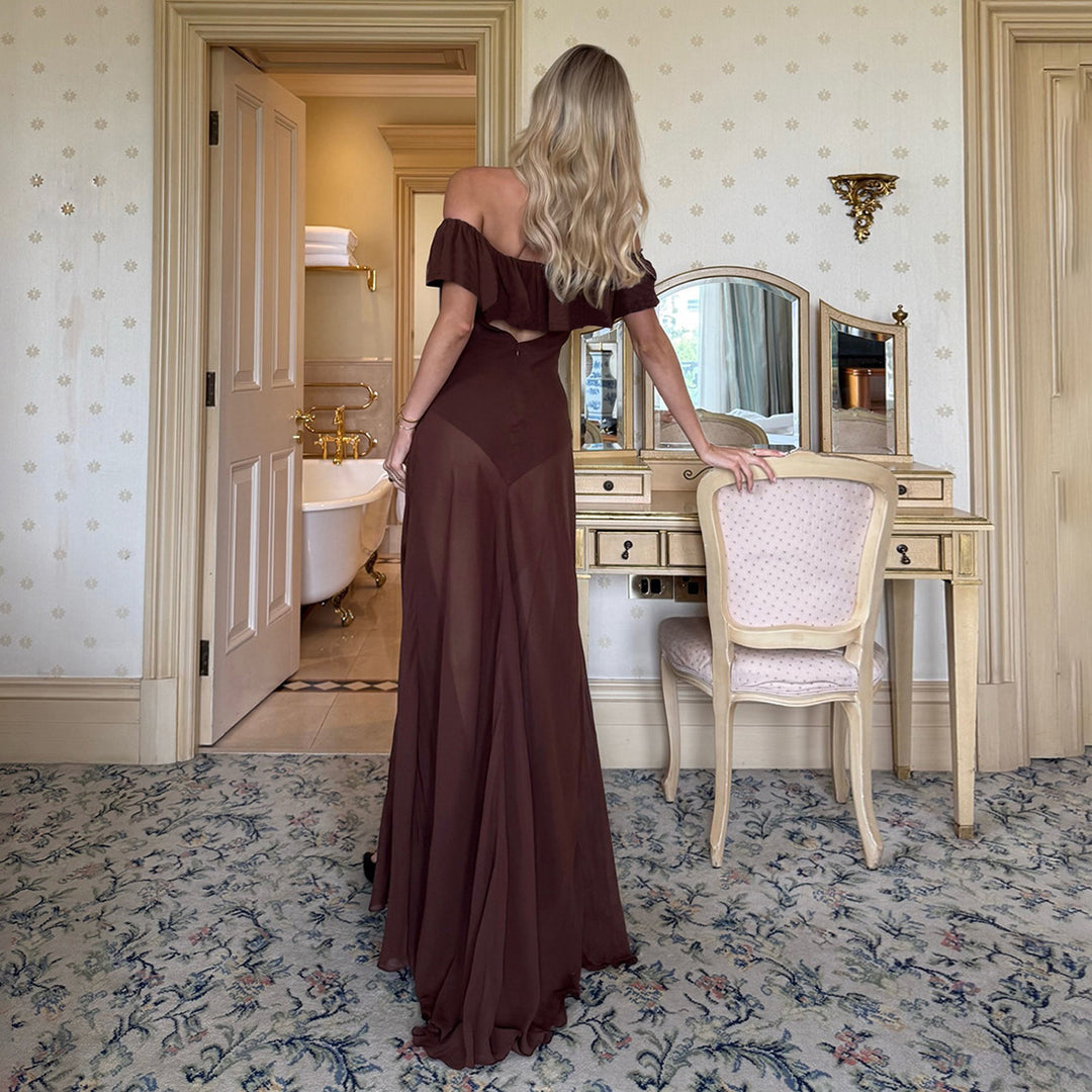 Damen Offshoulder Maxikleid mit voluminösem Rüschensaum R&B