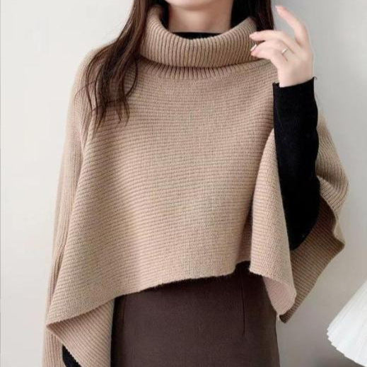 Damen Strickponcho mit hohem Kragen und asymmetrischem Schnitt R&B