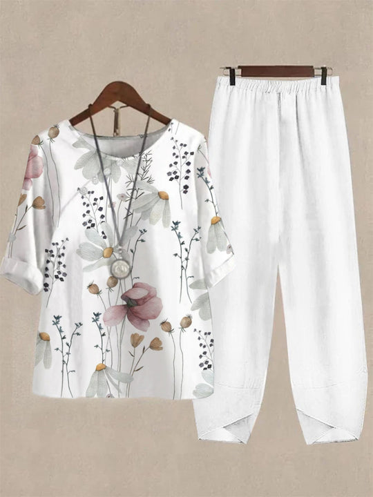Damen Freizeit Oberteil mit floralem Muster und bequemer Hose R&B