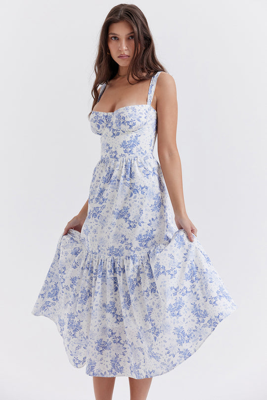 Damen Boho Maxikleid mit romantischem Blumendruck und voluminösem Rock R&B