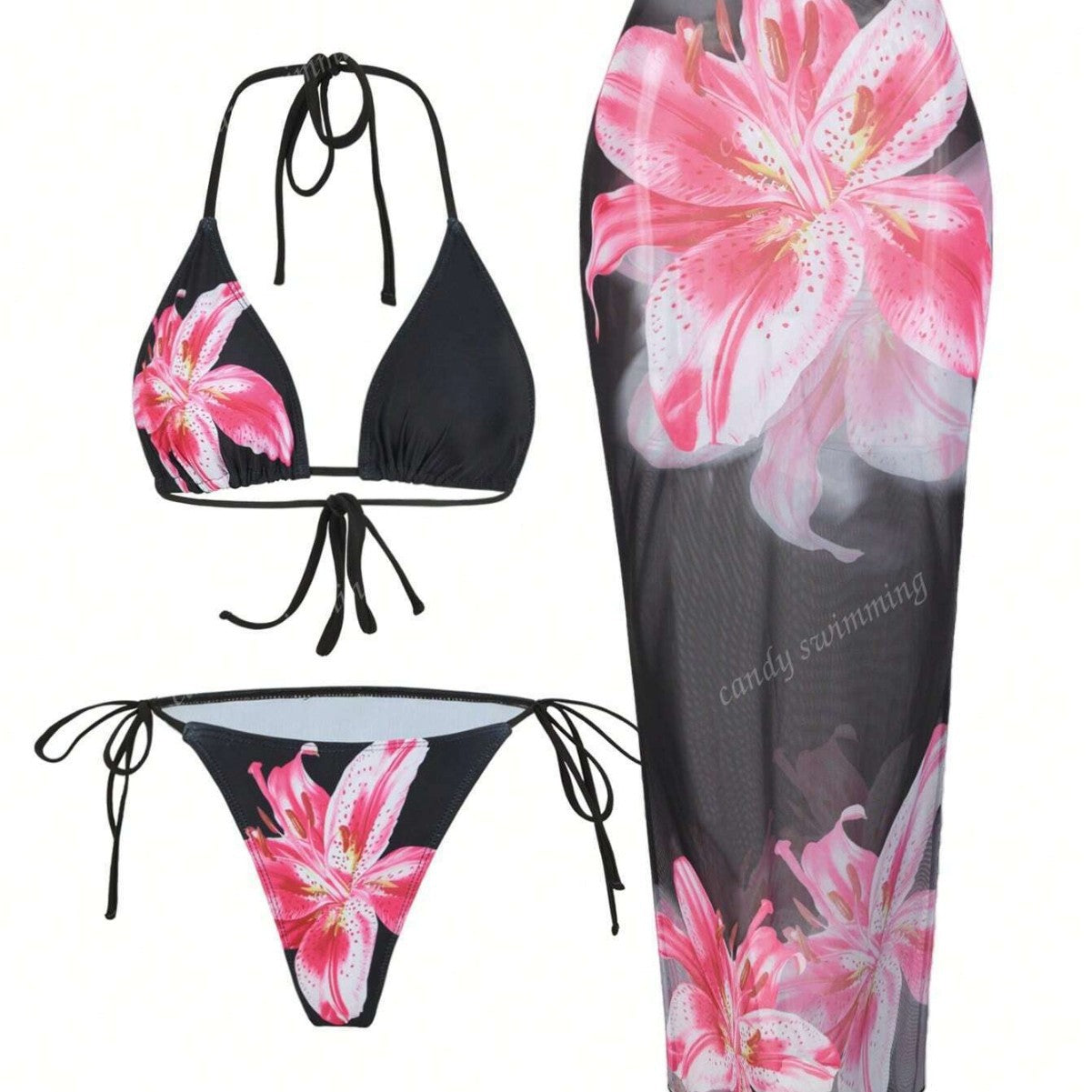 Damen Triangel-Bikini-Set mit floralen Mustern und transparentem Maxirock R&B