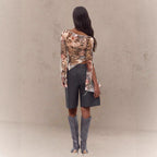Damen nan asymmetrisches semitransparentes Mesh-Top mit floral-animalischem Muster, gerafftem Rumpf und schulterfreiem Wasserfall-Ausschnitt R&B