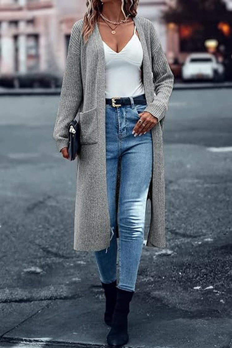 Damen Langer Strickmantel mit strukturiertem Design und praktischen Taschen