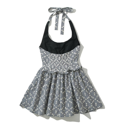 Damen Freizeitkleid mit verspieltem Halterneck und floralem Karodesign R&B