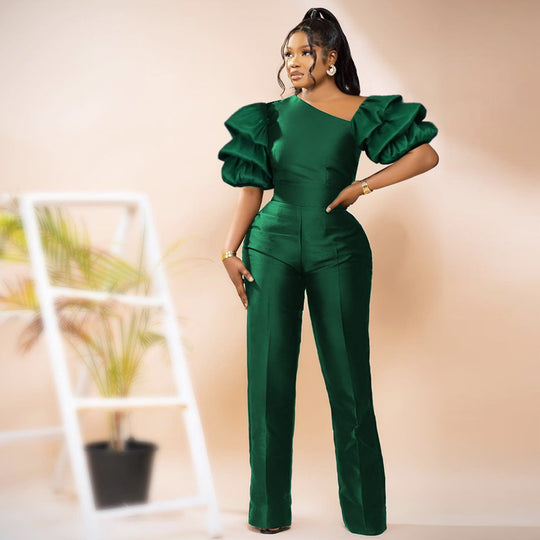 Damen Eleganter Jumpsuit mit asymmetrischen Puffärmeln R&B