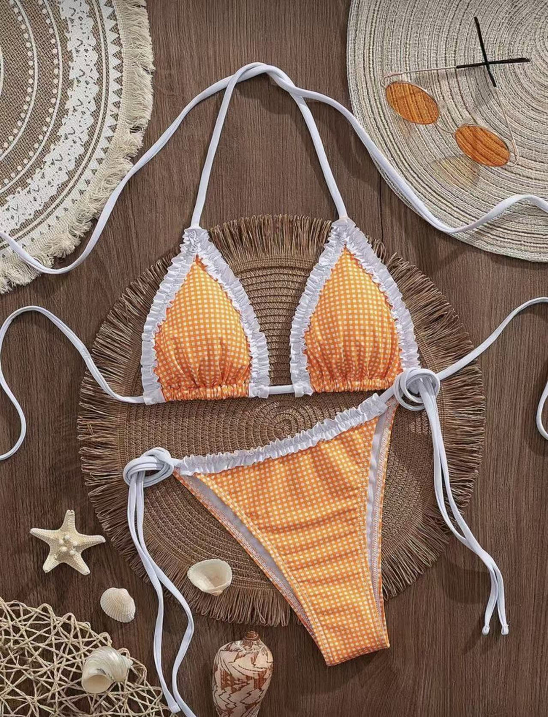 Damen Bikini-Set mit verspieltem Karomuster und charmanten Rüschendetails R&B