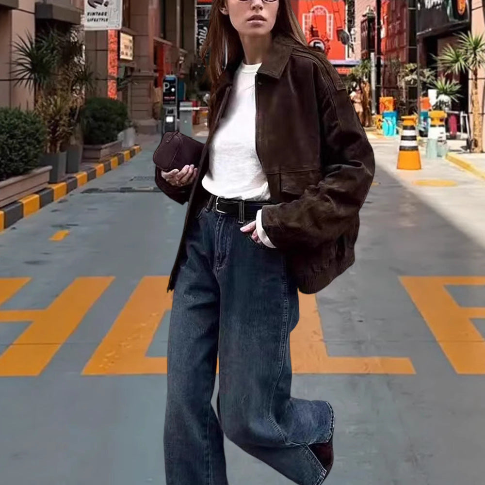 Damen Modische Kunstlederjacke mit lässigem Schnitt und praktischen Taschen R&B