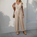 R&B | V-Ausschnitt einfarbiger elastischer Overall mit hoher Taille und weitem Bein