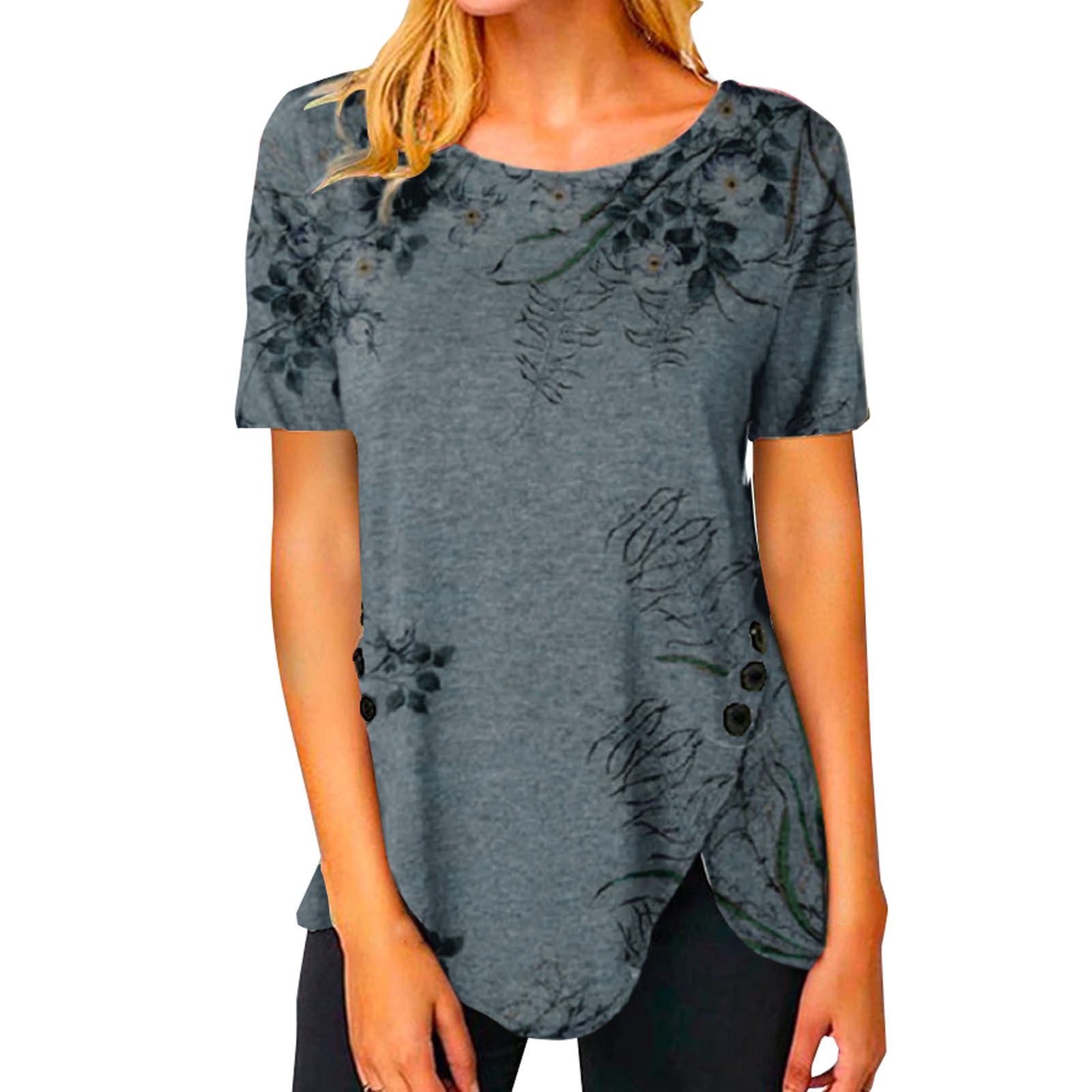 Damen lässiges T-Shirt mit dekorativem Floraldesign und asymmetrischem Saum R&B